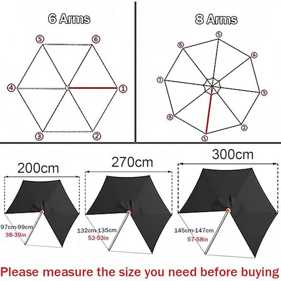 Diagrammen tonen parasolarmen (6 vs 8) en maten (200cm, 270cm, 300cm) met afmetingen.