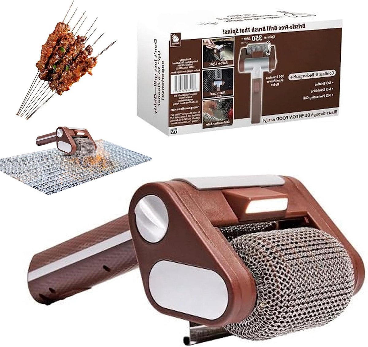 Draadloze Houtskool Grillreiniger Borstel met LED, Buiten BBQ Elektrische Reinigingsborstel Roestvrij Staal 360 ° Roterend Oplaadbaar Voor Hotdog Roller, Vaatwasser Veilig