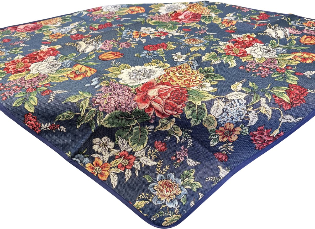 Tafelkleed - donkerblauw met kleurige bloemen - Kate navy - Vierkant 100 x 100 cm
