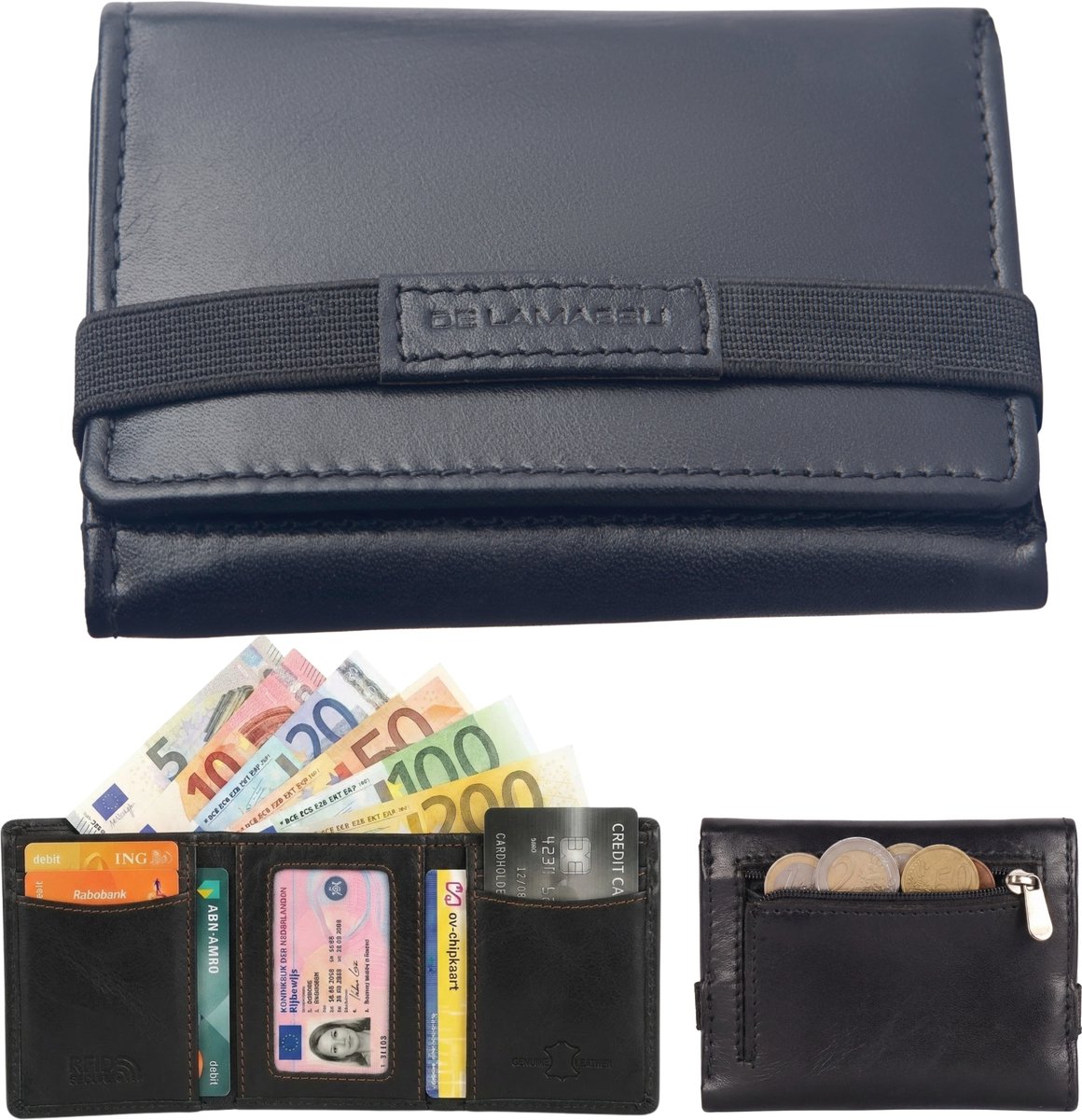 DE LAMASSU® (Tobias) Slim Portemonnee Heren – RFID Bescherming – Echt Leer – 10 Kaarten – Compact 8x10 cm – Met Ritsvak en Elastische Sluiting