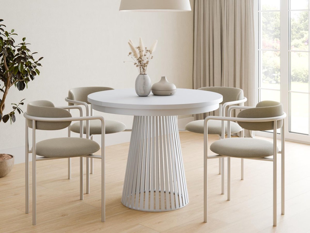 Compleo24- Ronde Eettafel- met lattenbodem-moderne ronde Eettafel-Wit 100 cm- Eettafel met geribbelde basis