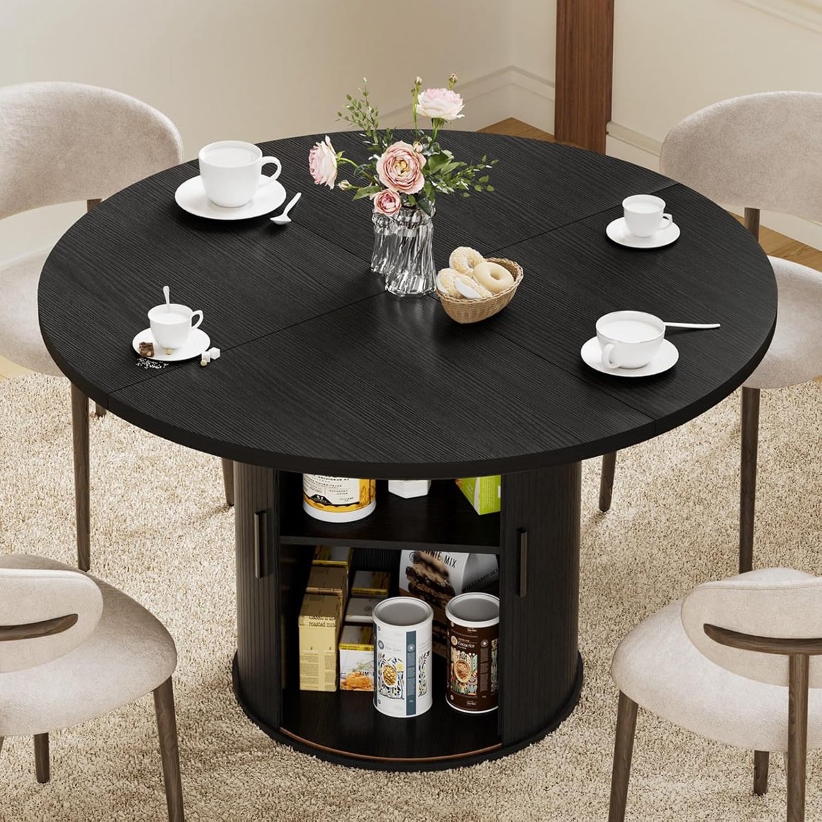 Hommpa Ronde Eettafel 120 cm met Opbergruimte – Houten Keukentafel voor 4 Personen met 2-Laags Opbergplanken en Schuifdeur – Moderne Dining Tafel met Stevige Voet – Zwart