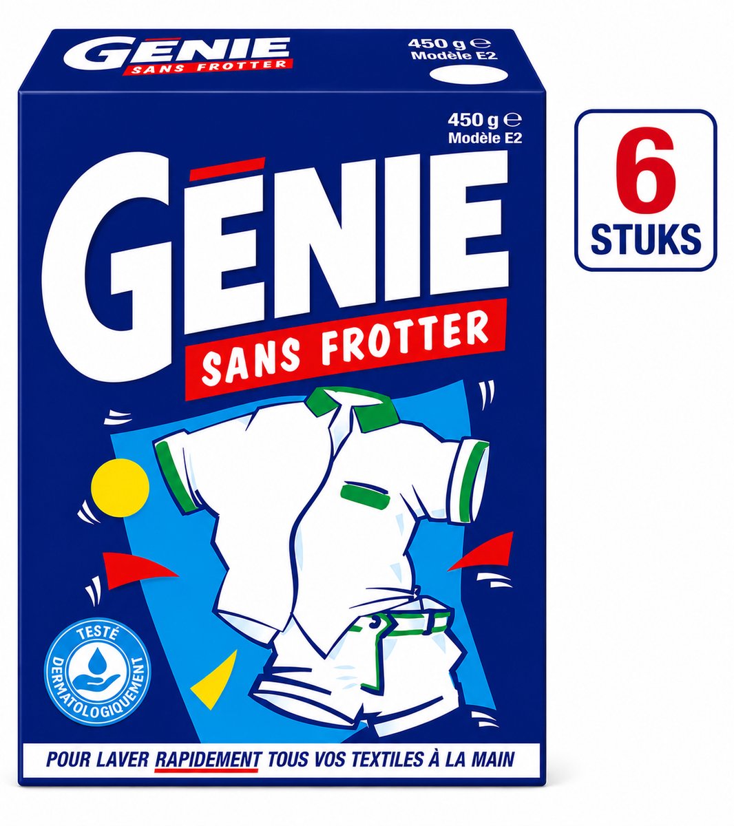 GENIE Sans Frotter Waspoeder 450 g - Set van 6 Pakken (2.7 kg Totaal) - Vlekverwijderaar Handwas Poeder voor Witte en Bonte Was - Werkt in Koud Water - Voordeelpak NIET GESCHIKT VOOR WASMACHINE