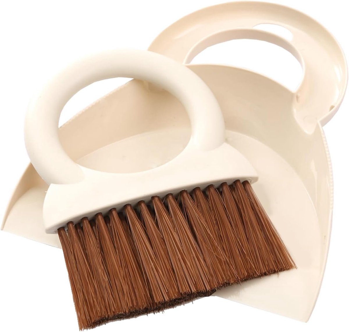 Set van borstel met rond handvat en stoffer – Kleine bezem & stoffer – Draagbare handveger voor bureau, bank, vloer en huisdierennest - wit