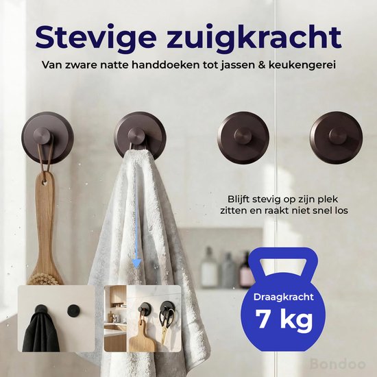 Drie zwarte haken aan een muur, met een badborstel, handdoek en keukengerei. Een dumbbell van 7 kg is afgebeeld. Inzet: zwarte haak met handdoek, keukengerei in een keuken, zwarte haken met keukengerei.