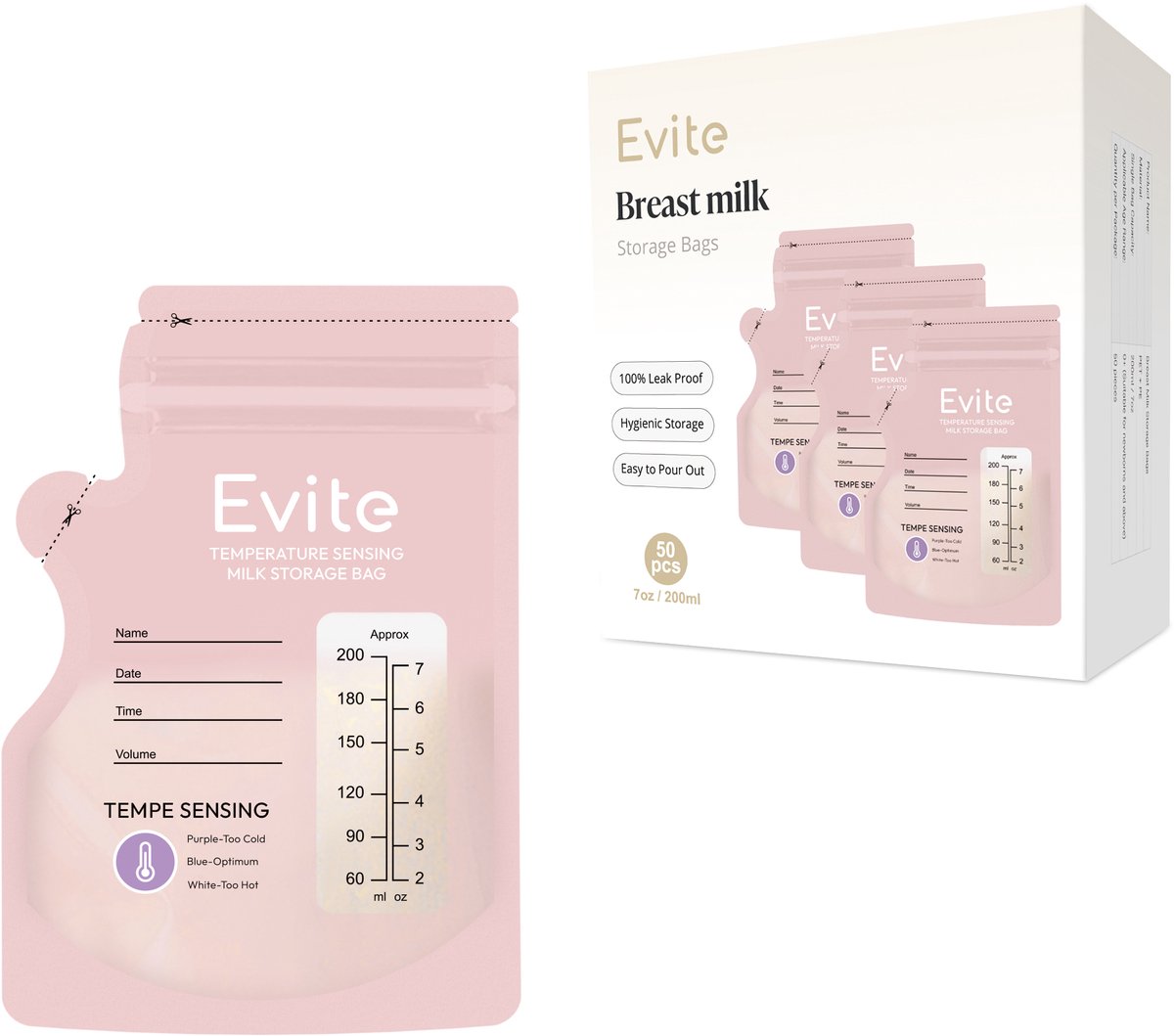 Evite Moedermelk Bewaarzakjes - Met Schenktuit - 250ML - 50 Stuks - BPA Vrij - Borstvoeding Bewaarzakje - Temperatuur Sense