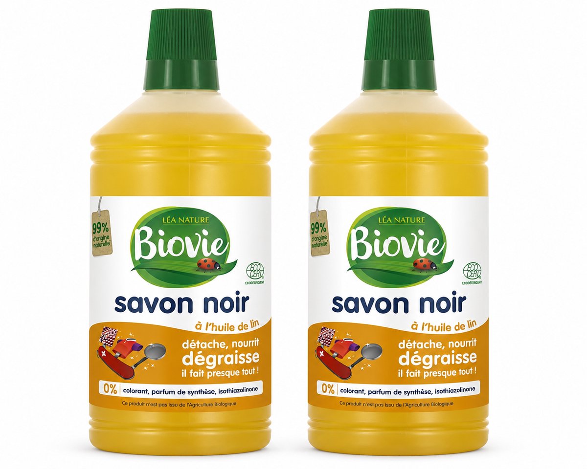 Biovie Vloeibare Zwarte Zeep met Lijnzaadolie 1 Liter - Set van 2 Flessen (2 L Totaal) - Ecocert Gecertificeerde Savon Noir - Multifunctionele Ecologische Reiniger - Made in France