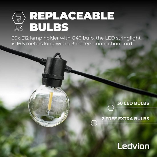 16.5 meter lichtsnoer met 30 E12 G40 LED-lampen en 3 meter aansluitsnoer.