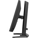 Zijzicht van een zwarte monitor op een zwarte standaard.