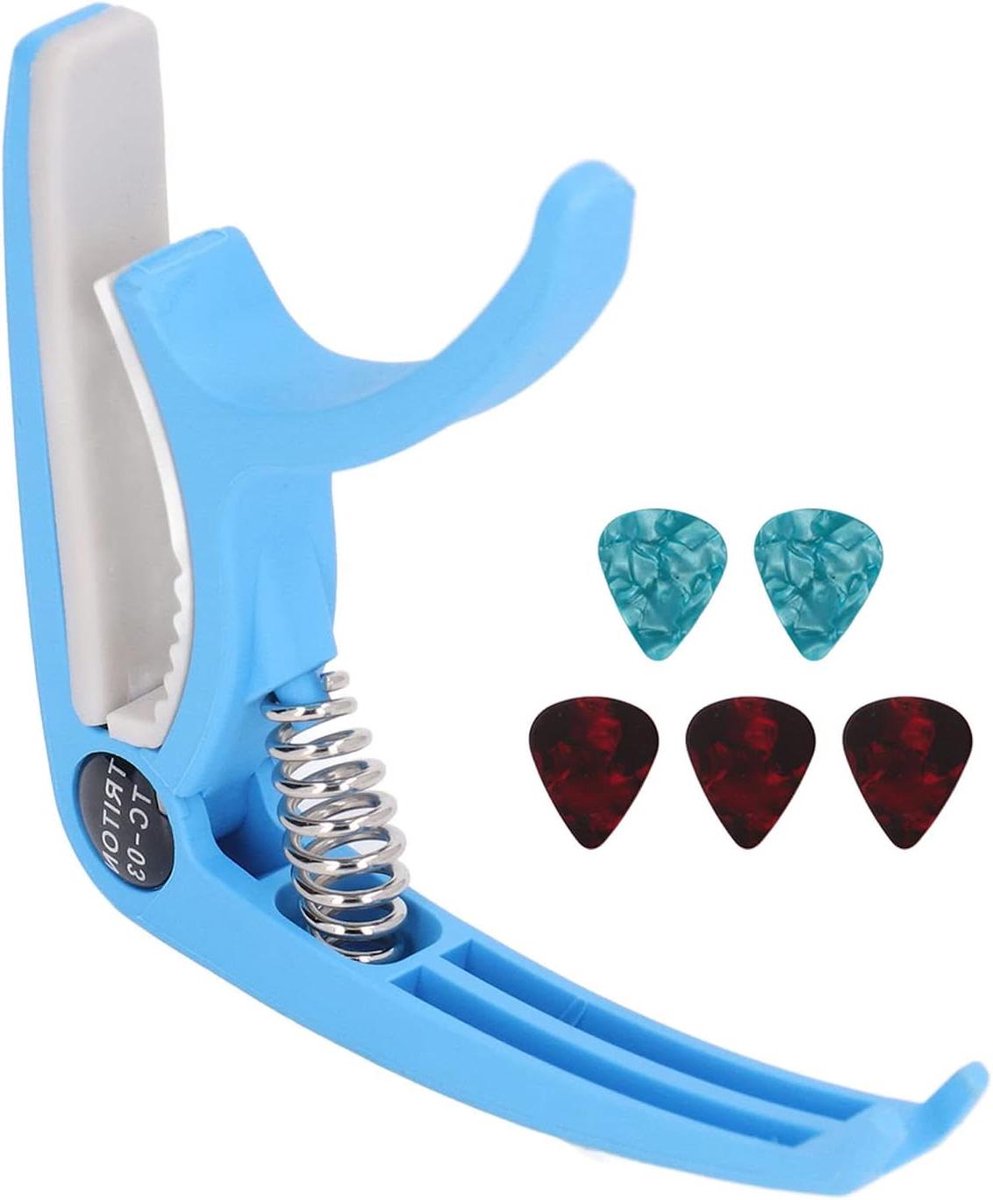 Gitaar Capo - Muziek Accessoire - Toon Transpositie - Complete Waardeset - 5 Plectrums - Blauw