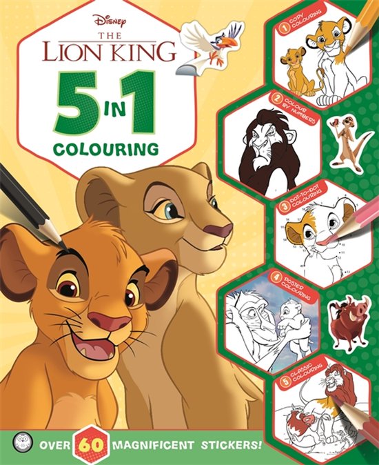 With dot-to-dot, colour-by-numbers, copy colouring, and more!- Disney The Lion King: 5 in 1 Colouring
