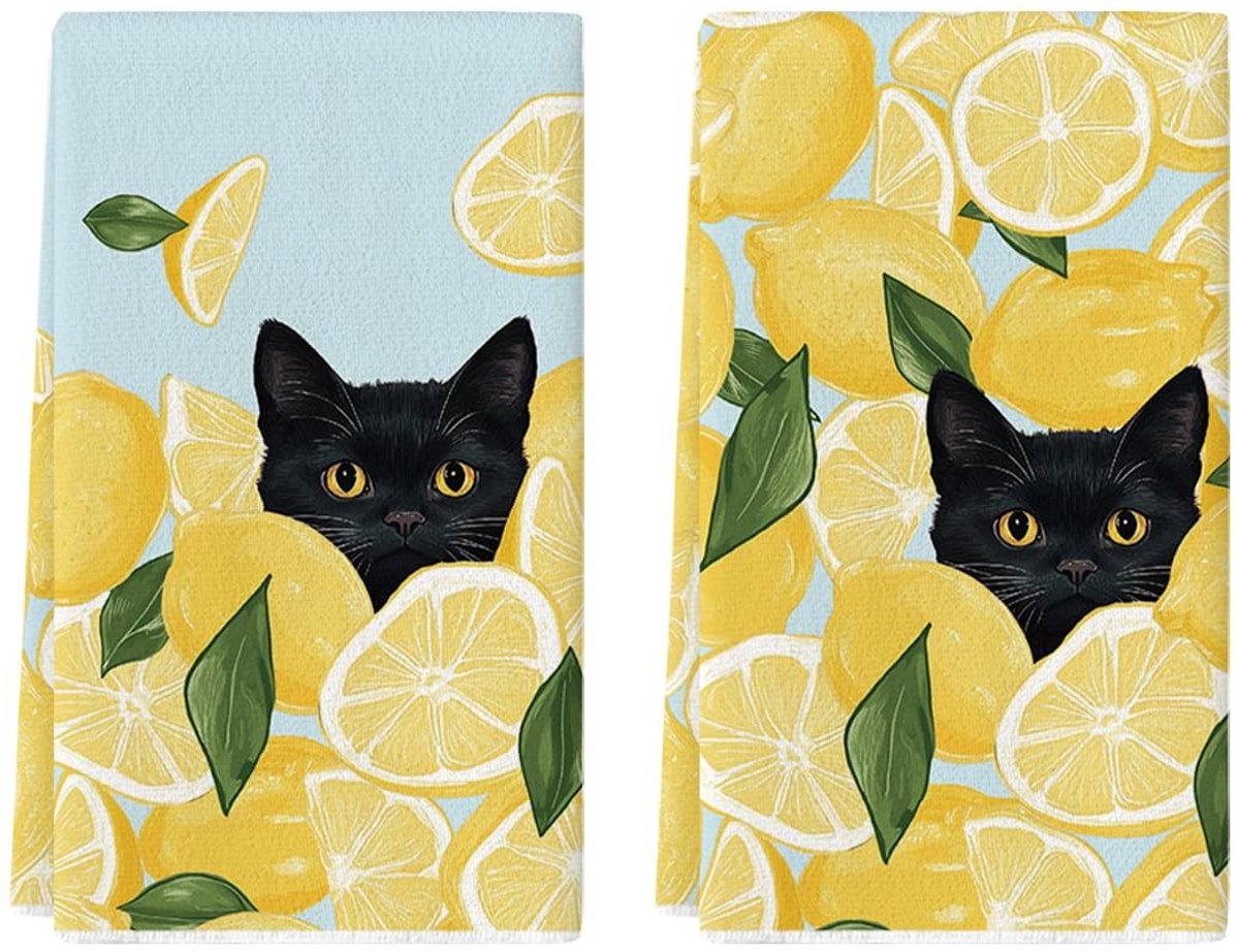 Dailygoods - Set van 2 Gele Citroen en Zwarte Kat Theedoeken