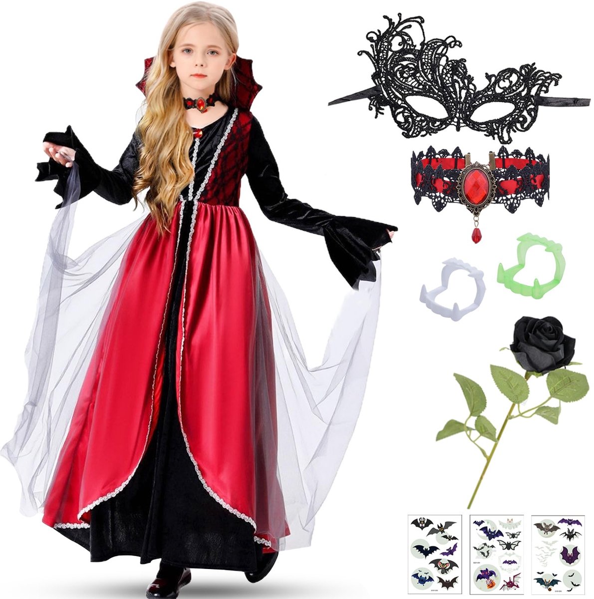 Dailygoods - Vampierkostuum voor Meisjes met Jurk en Accessoires