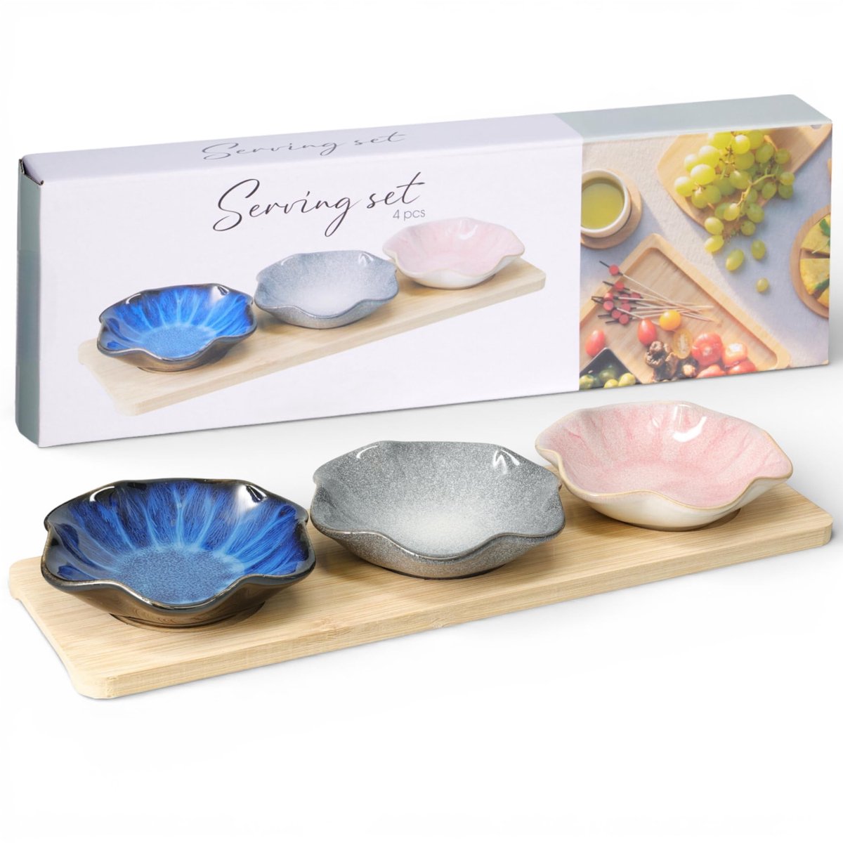 Dailygoods - 4-delige Serveerset met Bloemvormige Porseleinen Schalen en Houten Dienblad