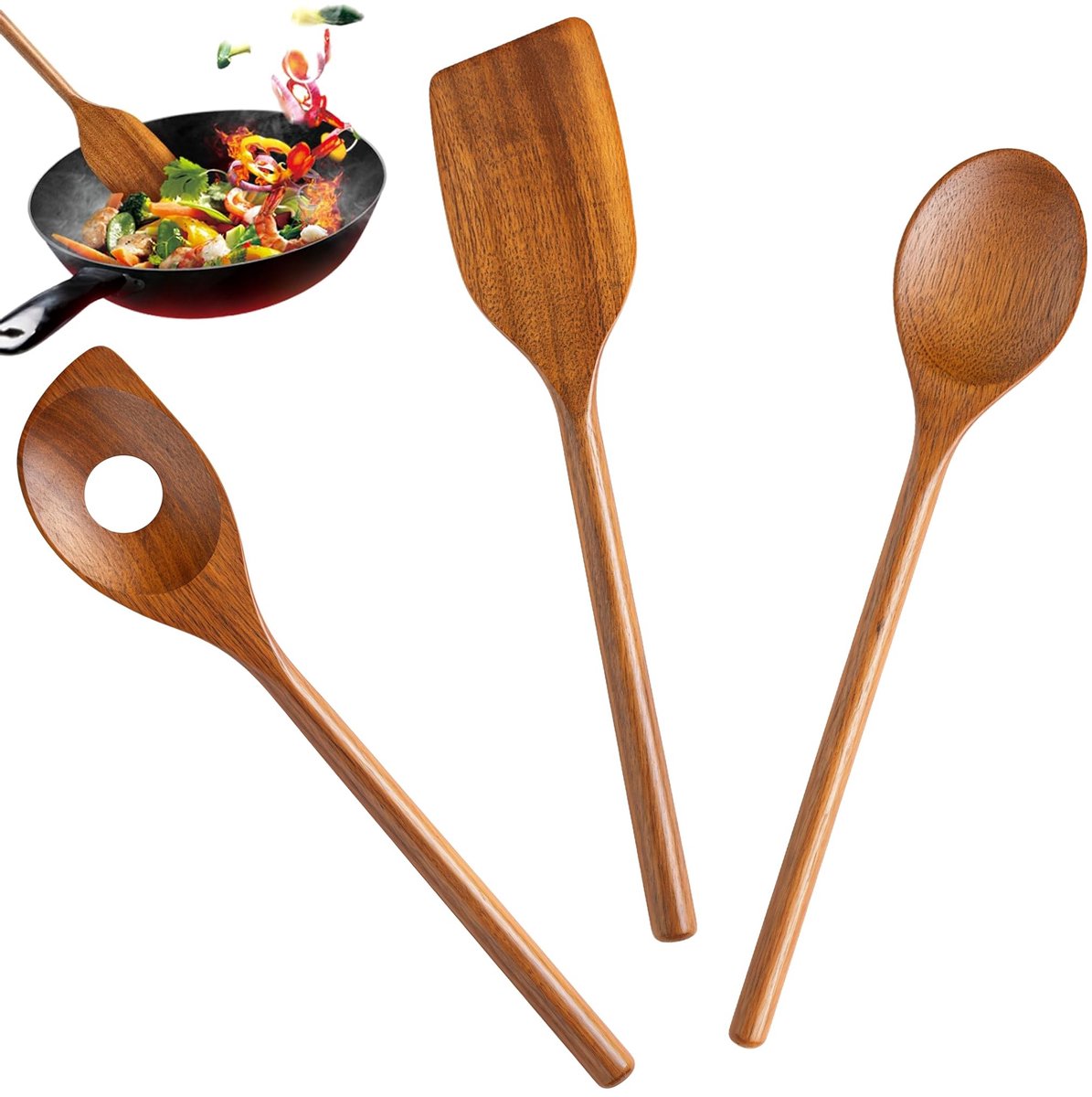 Dailygoods - Set van 3 Houten Kooklepels voor Antiaanbakpannen