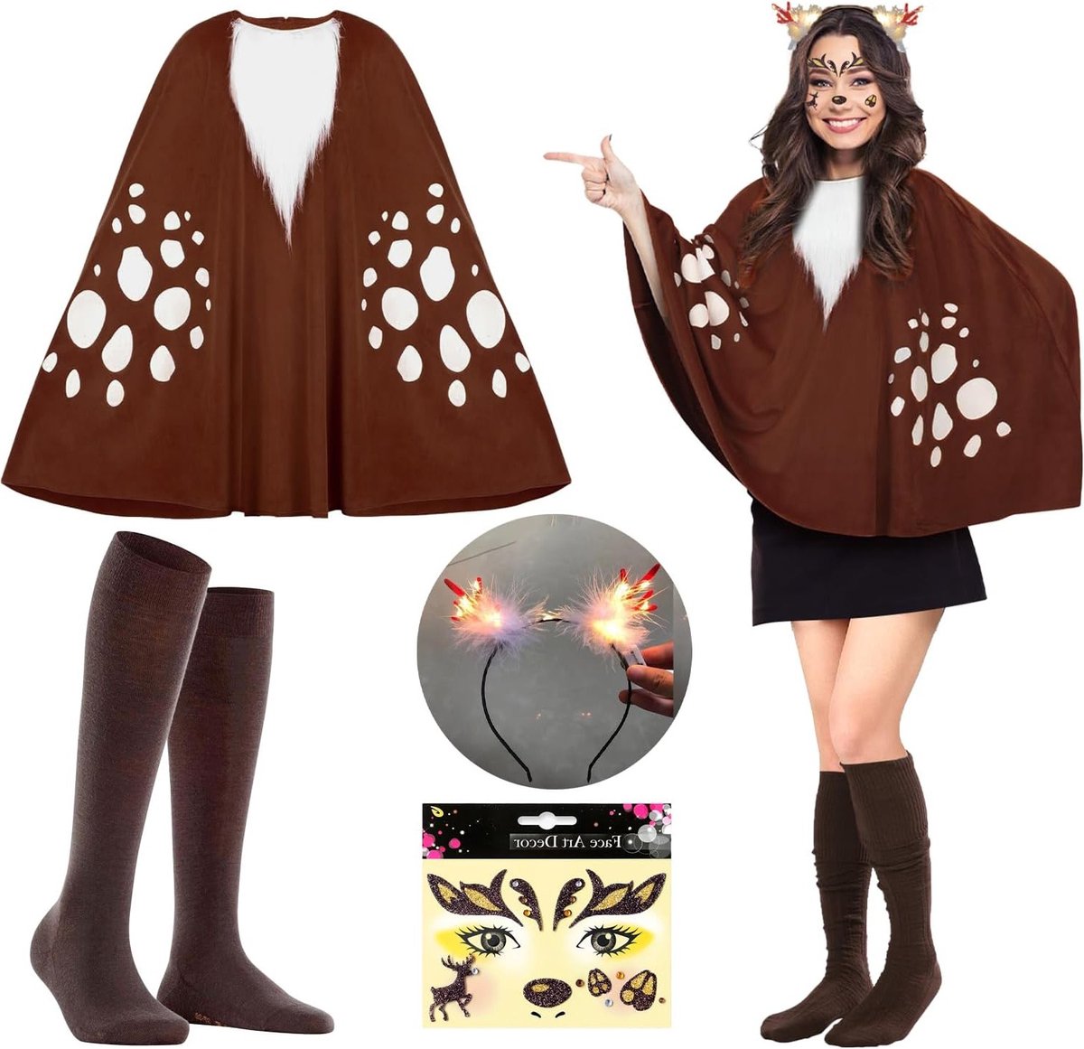 Dames Rendier Kostuum met Bruine Cape, Hoofdband, Oren en Tutu Rok voor Carnaval en Halloween Feestjes