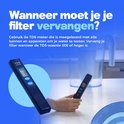 Een hand houdt een zwarte TDS-meter vast, met een waterkan op de achtergrond.