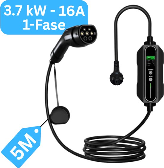 Mobiele Thuislader type 2 vanaf stopcontact - 5 meter - 3,7 kW - IP67 Waterdicht - 6A/8A/10A/13A/16A - 1 Fase - TPU kabel - Uitgesteld laden functie / Timer functie / Memory functie | 2 jaar garantie | Mobiele lader type 2 naar schuko