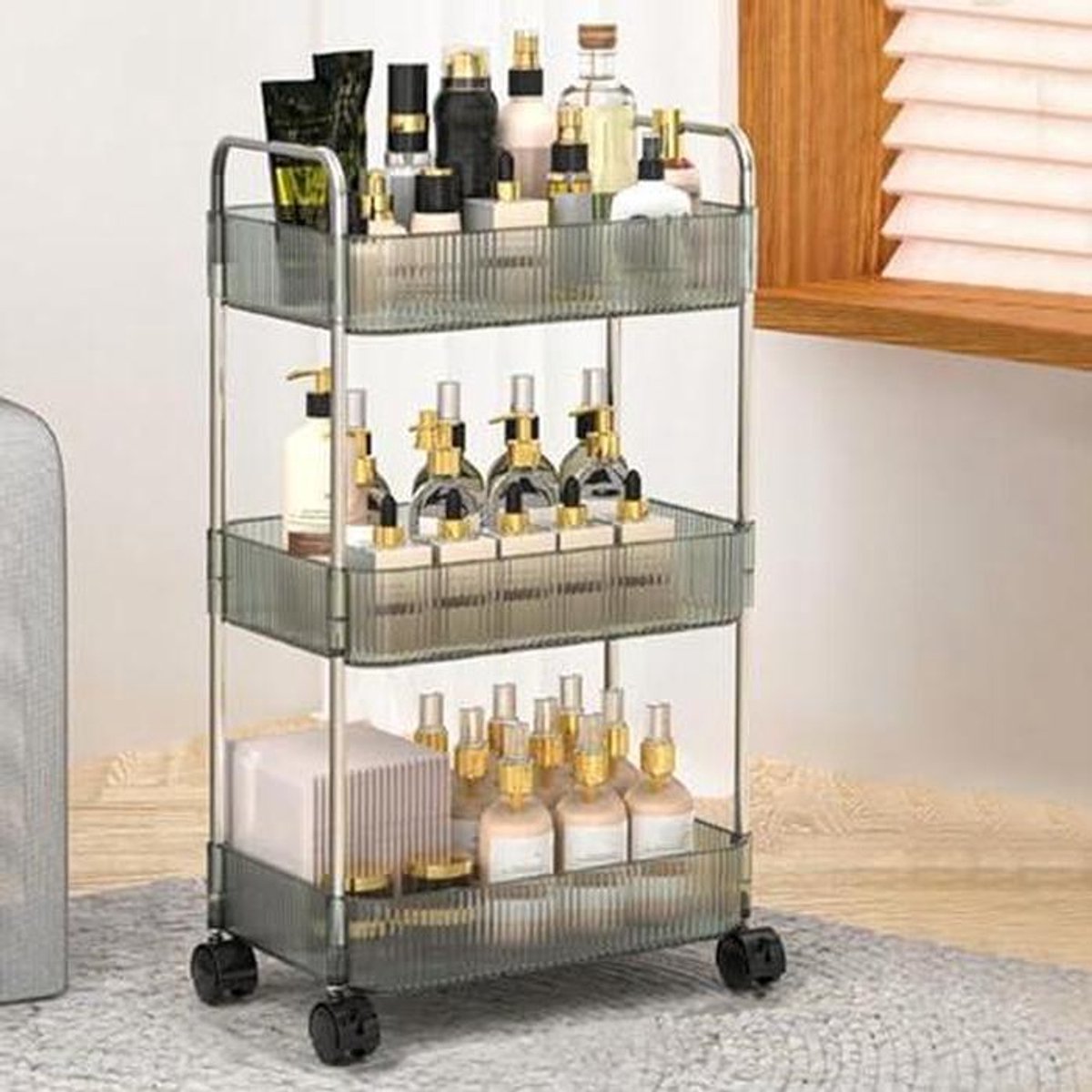 Rolkar Acryl - Opbergwagen Trolley - Ruimte Opbergen - Afsluitbare Wielen - 3 Lagen - Grijs