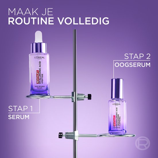 Stap 1 Serum en Stap 2 Oogserum L'Oréal Paris Revitalift Hyaluronic Acid + Peptide, gepresenteerd op een laboratorium statief.