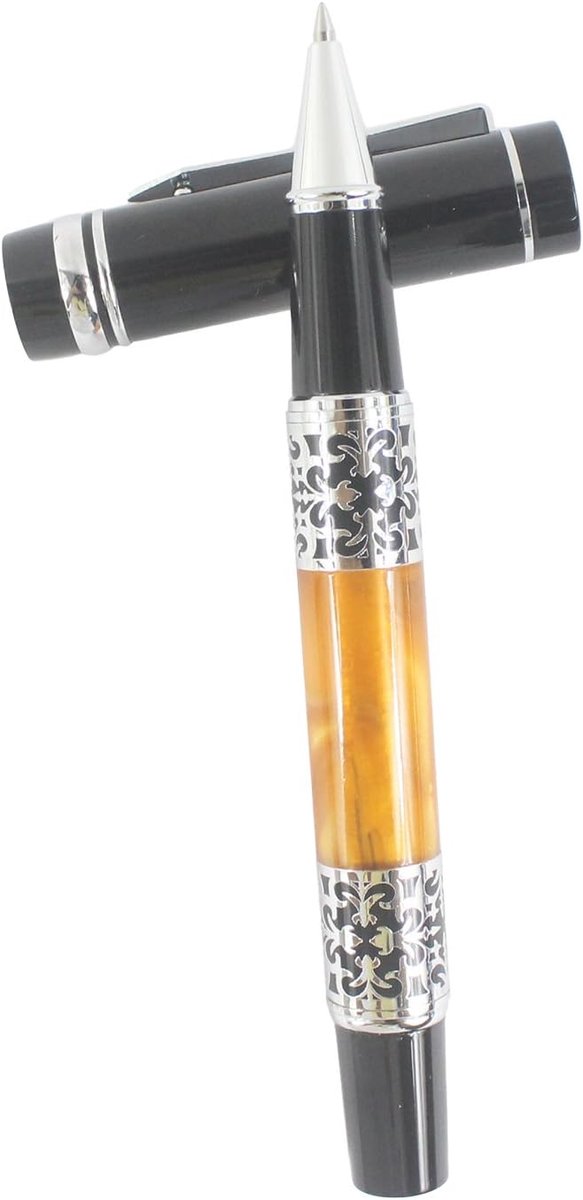 Vintage Style?Carving Flower Shape Rollerball Pen Silver Clip - Black and Orange — afbeelding 2
