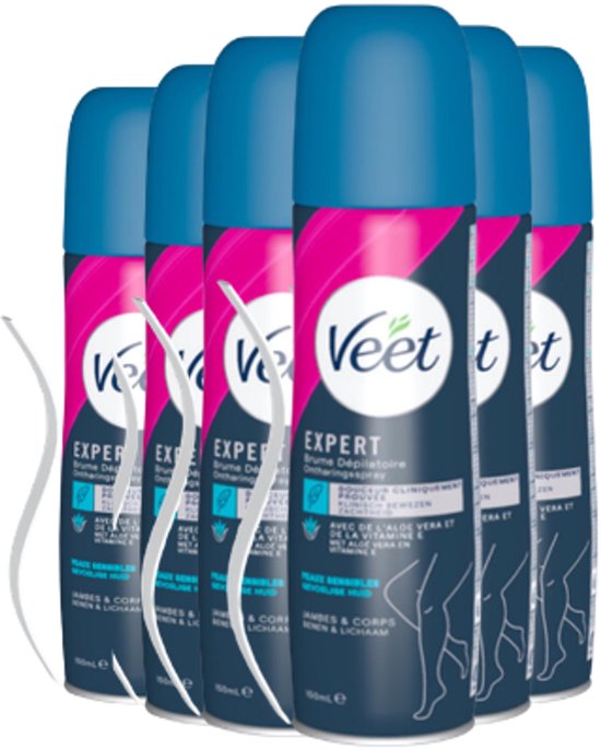 Zes blauwe Veet Expert ontharingsspray bussen met roze en witte details, op witte achtergrond.