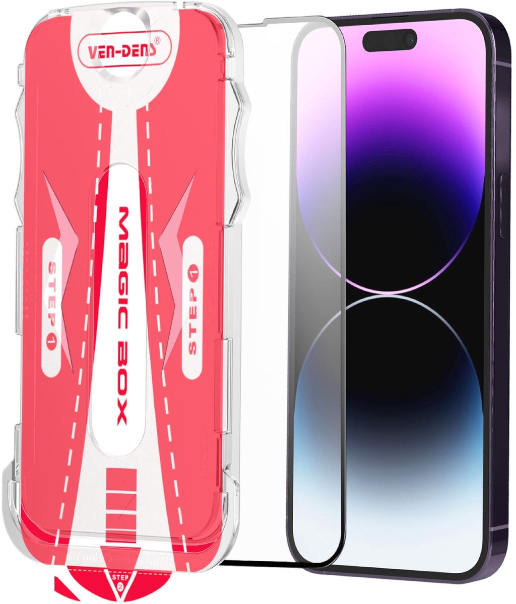 Ven-Dens iPhone 17-serie volledig verlijmde gehard glazen screenprotector met Magic Glass Box installatietool.
