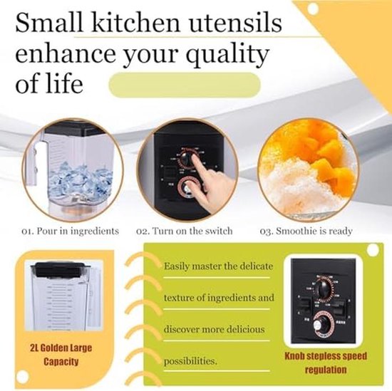Krachtige, geluidsdichte blender van 2200 W met geluidsdempend schild, grote inhoud van 2 liter, snelle ijsvergruizer, zelfreinigend, multifunctionele professionele smoothie maker — afbeelding 3