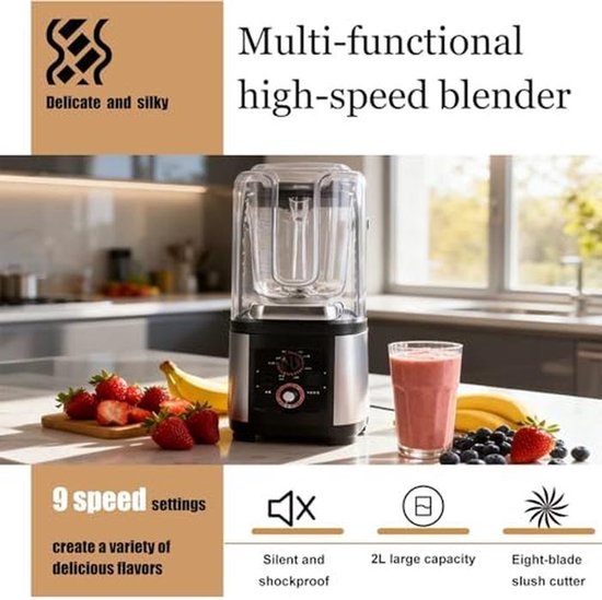 Krachtige, geluidsdichte blender van 2200 W met geluidsdempend schild, grote inhoud van 2 liter, snelle ijsvergruizer, zelfreinigend, multifunctionele professionele smoothie maker — afbeelding 2