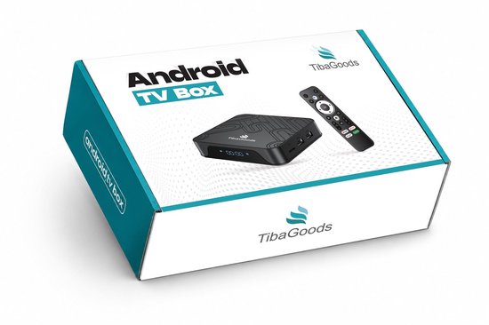 Verpakking van een TibaGoods Android TV Box met afstandsbediening.