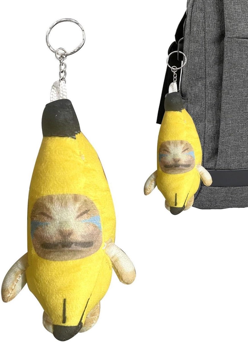 Banaan Kat Sleutelhanger - Pluche Knuffel - Sleutels Organiseren - Maakt Geluid - 13 cm Lengte - Geel