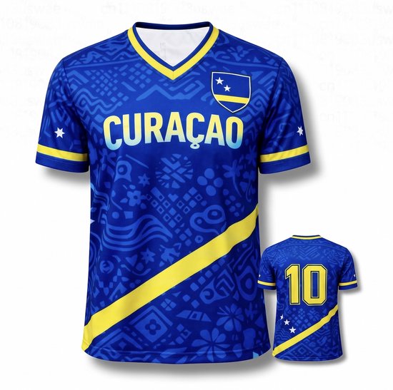 Curacao Heren/Unisex T-Shirt - Maat: M - Tshirt / Voetbalshirt - Curacao / Korsou - Nederlandse Antillen - Hoge Kwaliteit - Blauw & Geel - WK2026 / Voetbal - Curacao Elftal / Blue Wave - Merchandise - Shirt met Curacaose Vlag