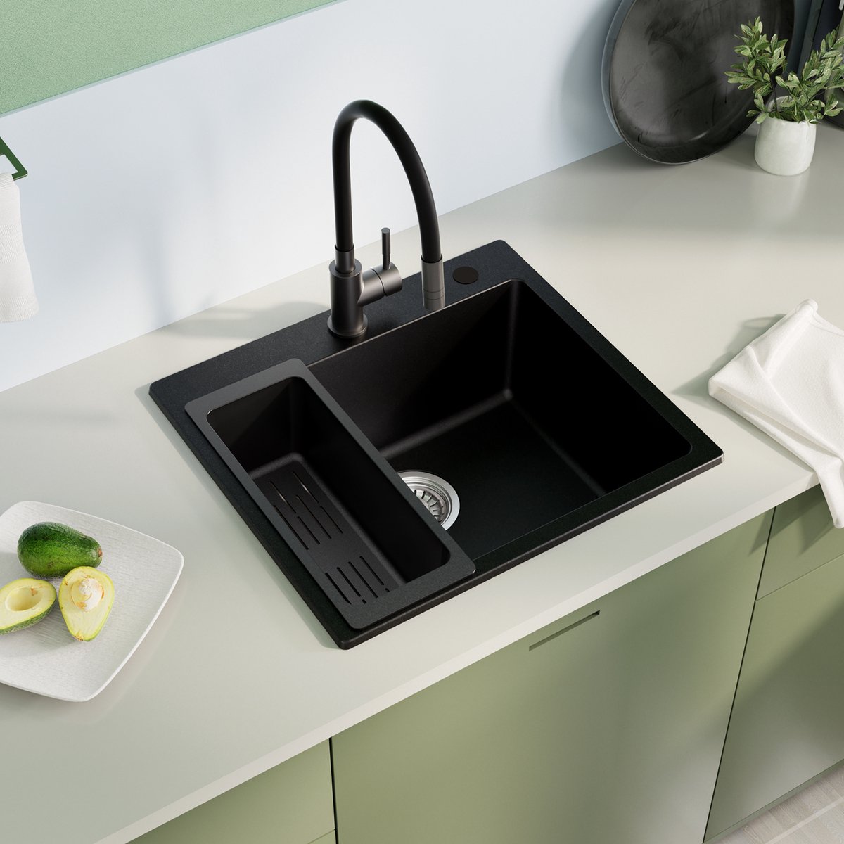 Sofetiy Max Spoelbak Keuken - Enkele Gootsteen Zwart - Composiet / Graniet Look - Inclusief Accessoires & Afdruiprek - Opbouw Wasbak - 50 x 45 x 20 cm