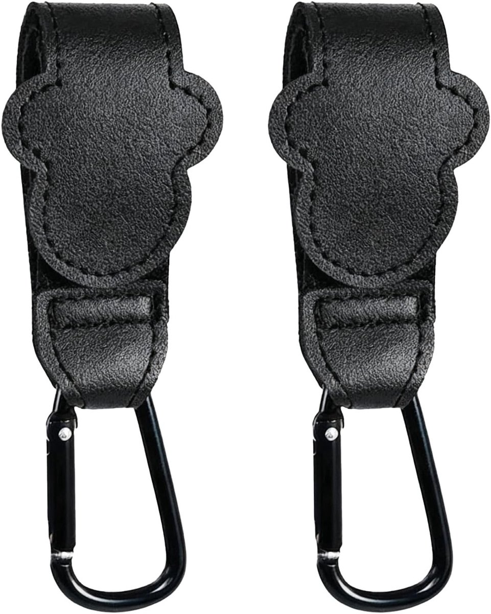 Pram Clips, 2 Stuks Universele Bevestigingshaken voor Kinderwagens, PU Leren Straps, Zwart, 21x3cm, Ideaal voor Pushchairs en Prams
