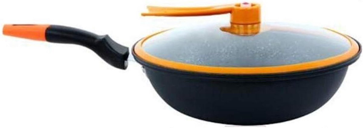 Diepe Koekenpan - Wokpan Keuken - Gezond Koken - Marmer Gecoat - Diameter 32cm - Zwart