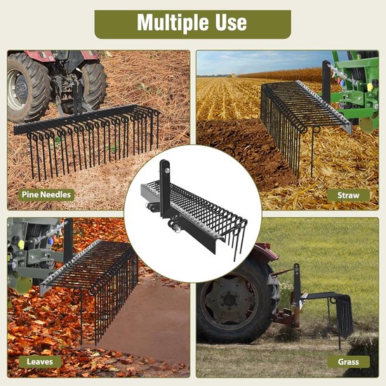 60 inch harken voor zwaar gebruik, geschikt voor dennenstro - 3-punts tractorharken met 26 spiraalveer-tanden - Duurzaam gepoedercoat staal - Bevestiging via 3-punts hefinrichting - 152 × 81 × 48 cm - Zwart — afbeelding 5
