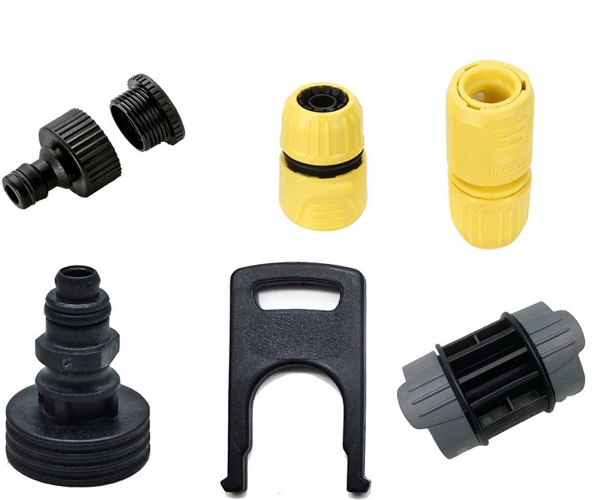 6stuks - geschikt voor Karcher K2 K3 K4 K5 K6 K7 -Inhoud: Hogedrukaansluiting - Zwarte U-vormige clip PS - Zwarte sproeier PS20 - Gele 4-punts waterleidingaansluiting - 4-punts afsluitkoppeling - 4-punts nippelkoppeling