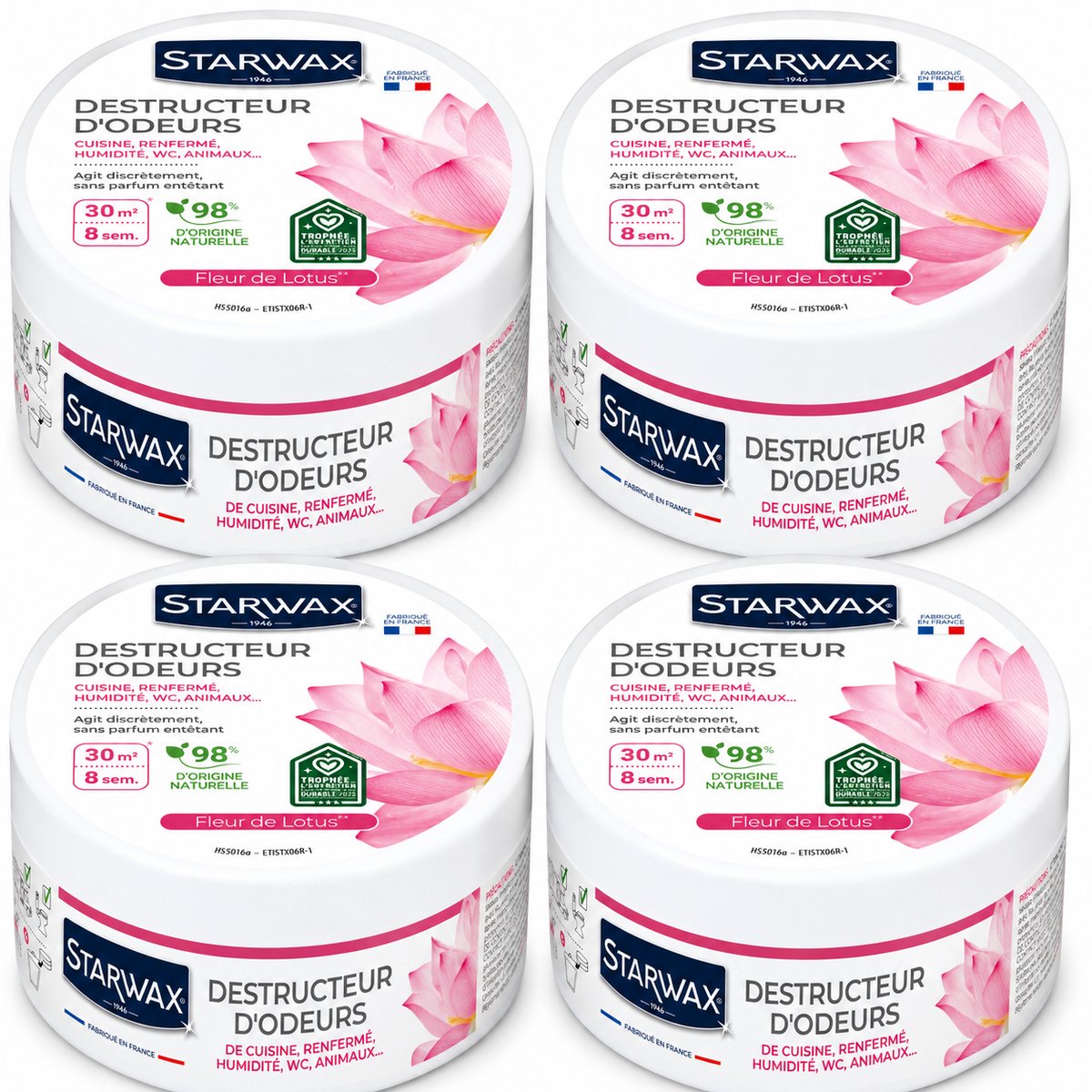 Starwax Geurverdrijver Fleur de Lotus 300 g - Set van 4 Stuks - Natuurlijke Luchtverfrisser Geurneutralisator - 8 Weken Werking tot 30 m² - 98% Natuurlijke Oorsprong - Made in France