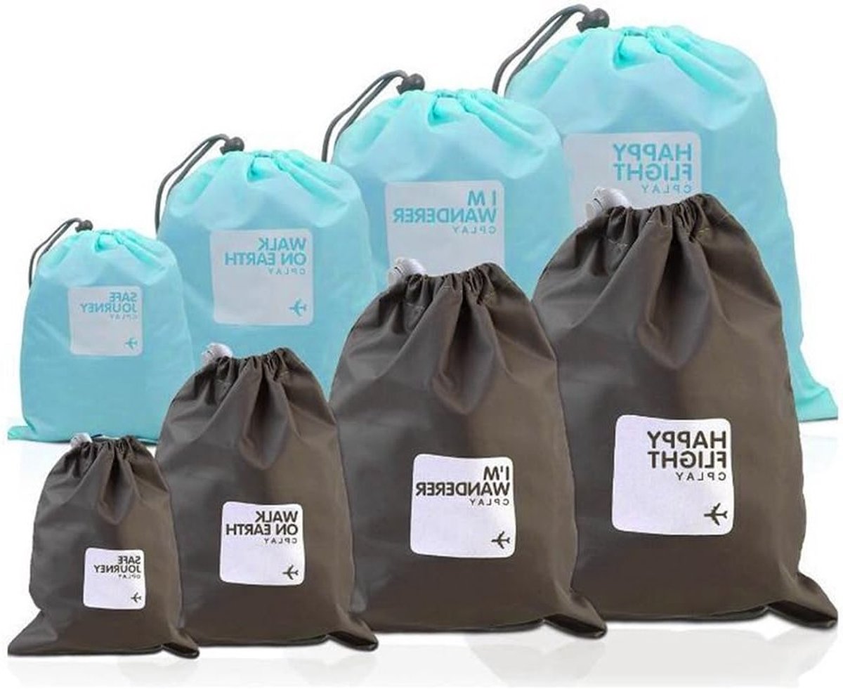 Waterdichte Nylon Trekkoord Tas Set van 8 Stuks, Ideaal voor Outdoor Activiteiten en Reizen (Lichtblauw & Bruin)