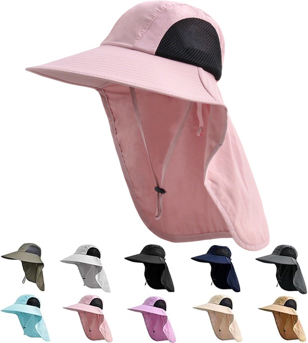 Zonhoed met Nekflap - UPF 50+ Breede Rand - voor Wandelen, Vissen - Dames & Heren - Roze - 1 Stuk