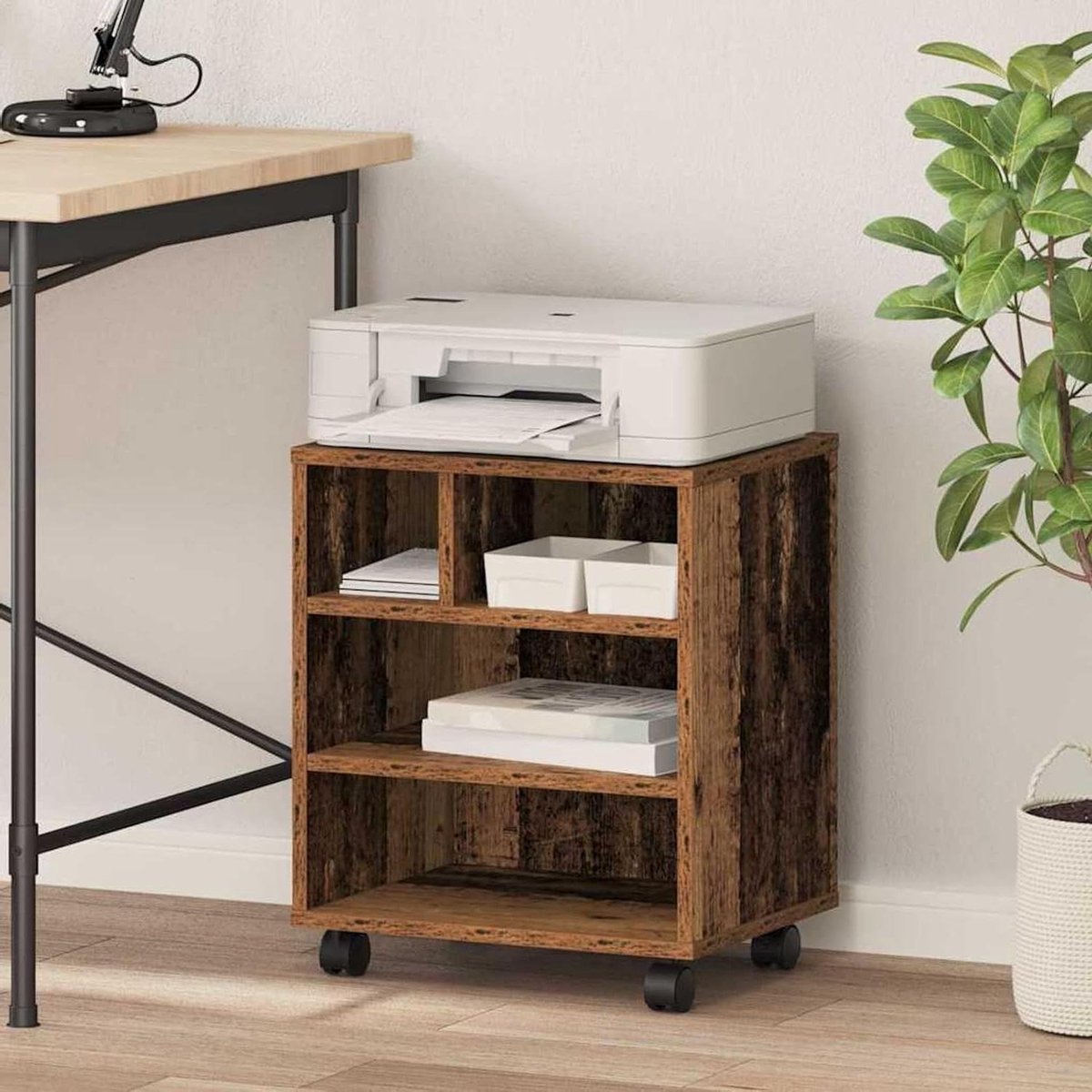 Printerstandaard - Meubel - Thuiskantoor - Mobiel met wielen - 41x32x48 cm - Oud hout