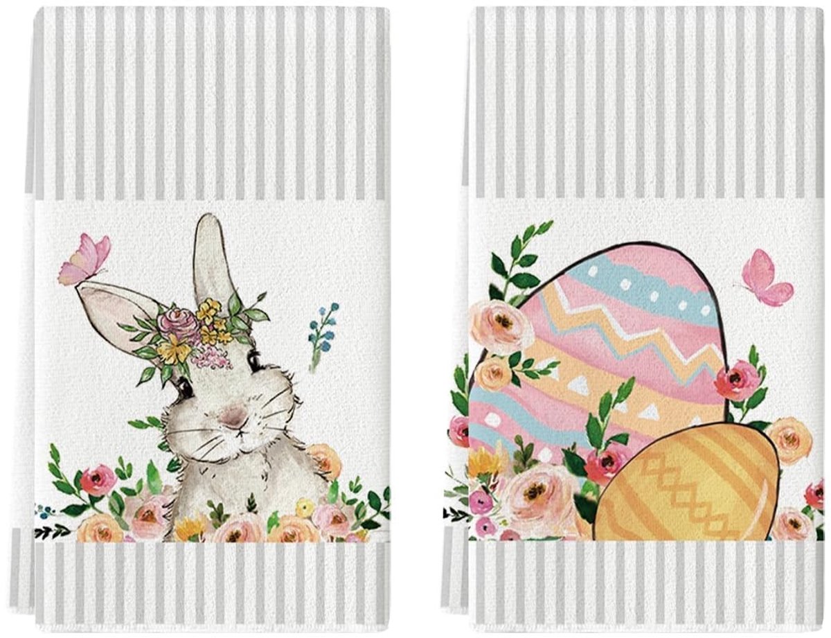 Dailygoods - Set van 2 Gestreepte Paaseieren Keukenhanddoeken 42x65 cm