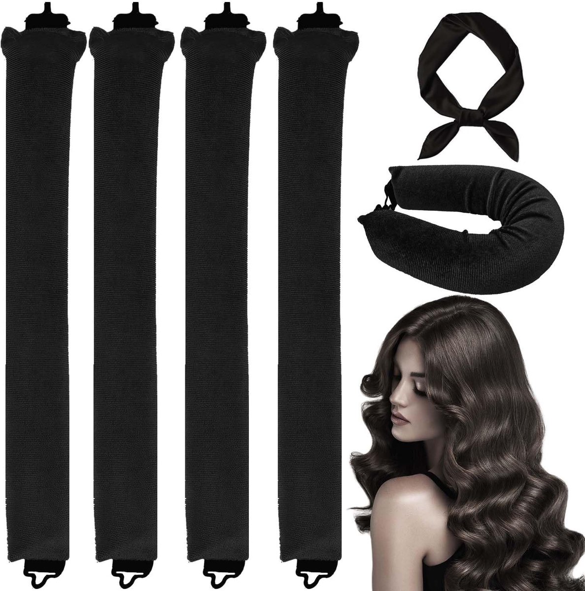 Dailygoods - Dailygoody - Krultangen zonder hitte - Hoofdbandrollers - Veilig voor lang haar - Zwart - Perfecte krullen - Ideaal voor 's nachts - Geschikt voo