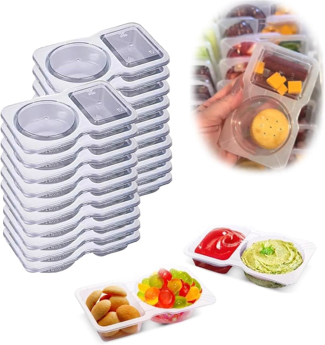 Snack Containers - Portie Bakjes - Eten Meenemen - Dubbel Compartiment - 10 Stuks - Transparant