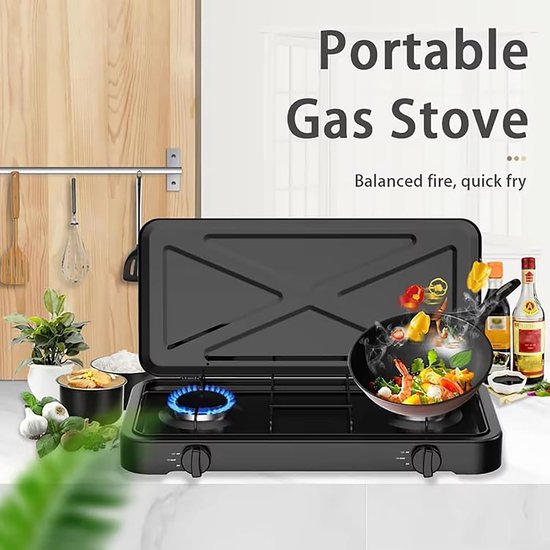 Dubbele Brander Gasstel - Draagbare Kookplaat - Kamperen en Buiten - Automatische Ontsteking - 4.4 kW - Zwart — afbeelding 2