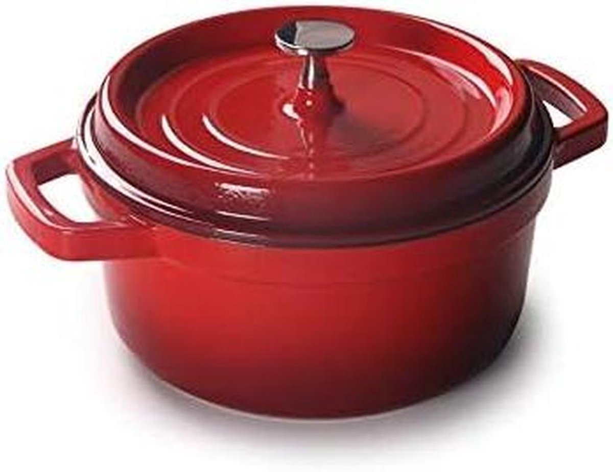 Emaille Braadpan - Gietijzeren Pan - Langzaam Koken - Zelfcirculerend Deksel - 24x11 cm - Rood