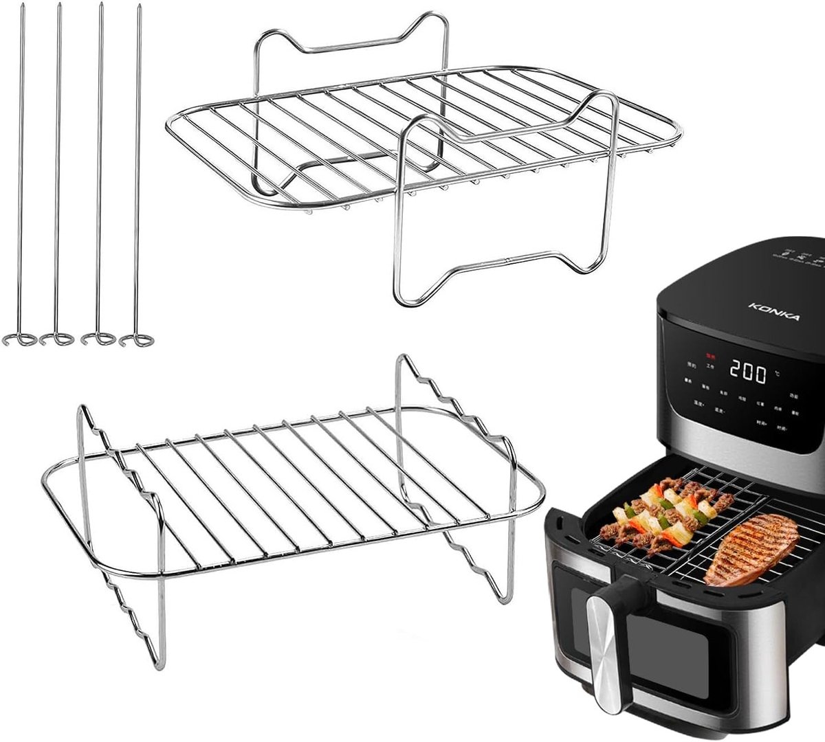 2-delige Air Fryer Rack Set van RVS (20 x 13 cm) met 4 Spiesjes voor Gezond Koken en Grillen
