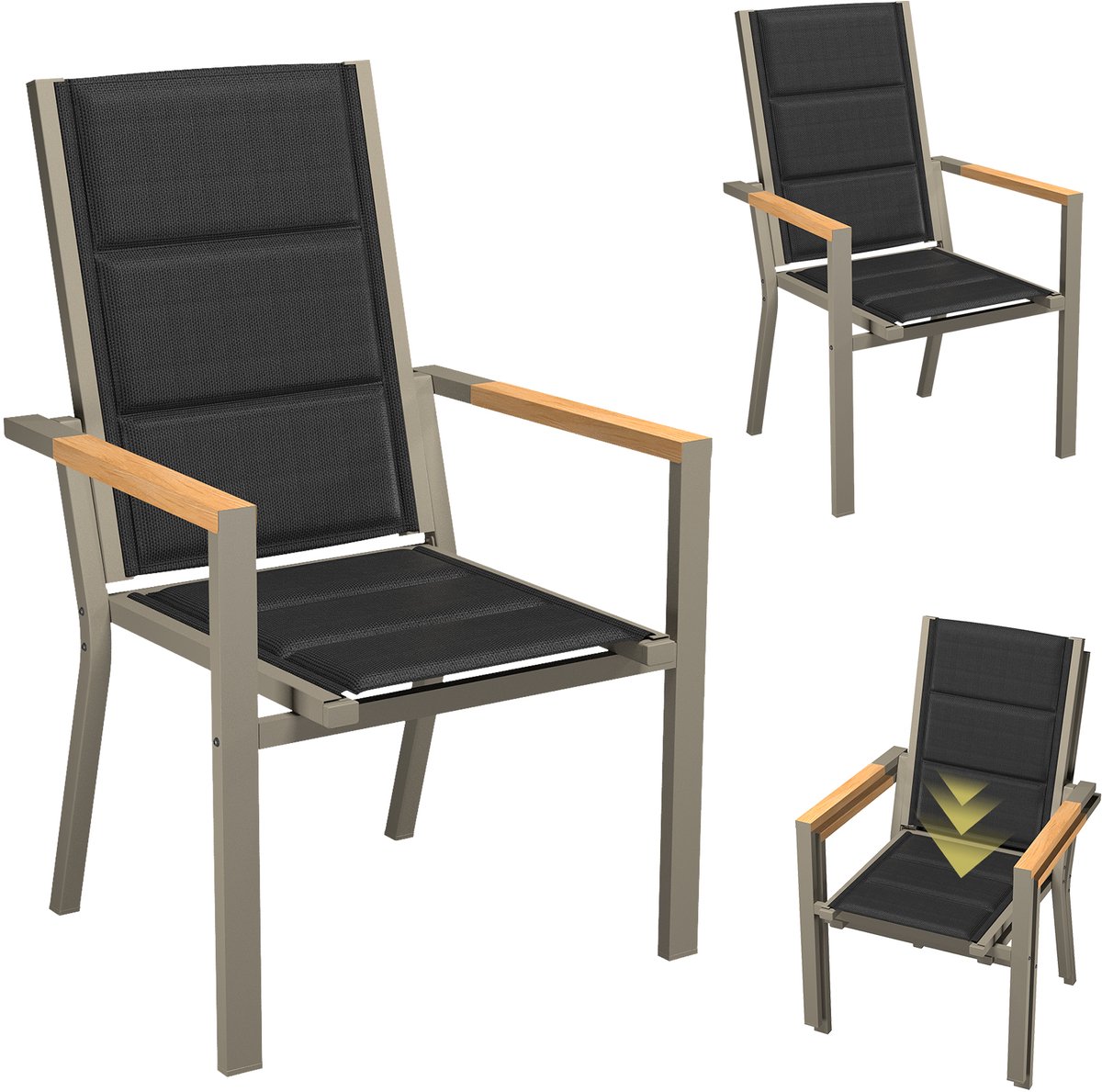 Devoko Aluminium Tuinstoelen 2x -Tuinstoel met armleuningen in houtnerfstructuur - Teslinstof + sneldrogend katoen - Stapelbaar - Hoge rugleuning - Versterkte boogconstructie- 65x58x99 cm - 160 kg -Geschikt voor kamperen, terrassen en tuinen-Bruin