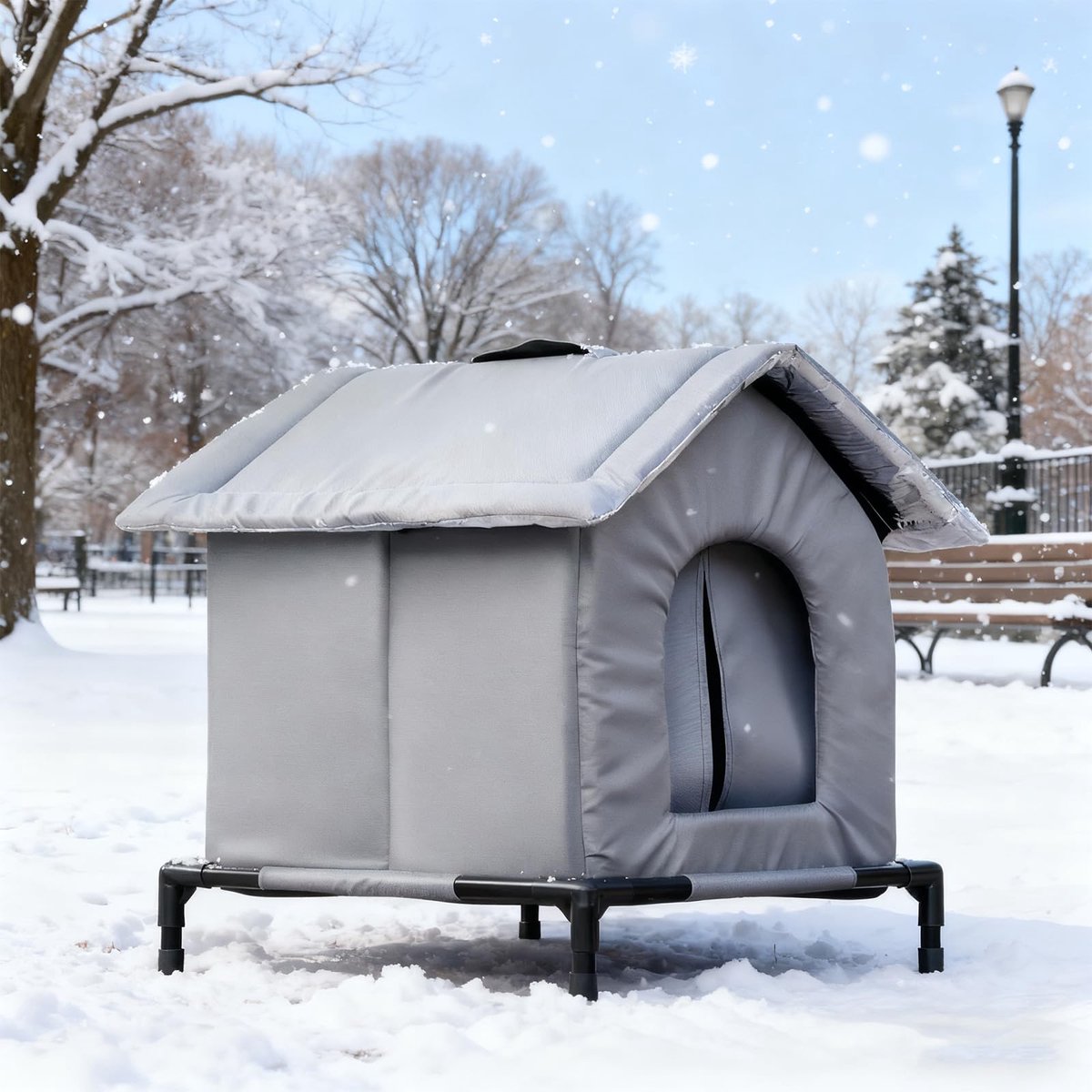 Kattenhuis voor buitenkatten – Zelfverwarmend kattenbed en voederstation – Geïsoleerd en weerbestendig buitenhuis voor zwerfkatten – Warm, verhoogd schuilhok voor de winter (Grijs)