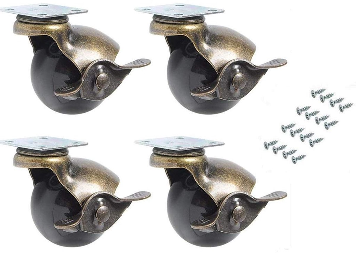 Verstelbare 50mm Antieke Meubelwielen met Rem, 360° Draaibaar voor Stoelen en Sofas, Vintage Bronzen Afwerking